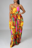 Colour Fashion Sexy Print Backless Spaghetti Strap Long Dress
