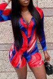 Red Fashion Casual Print Basic Zipper Collar Skinny Romper