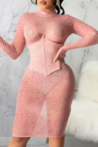 Rose Red Sexy Print Mesh Half A Turtleneck Pencil Skirt Dresses