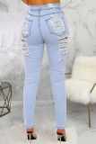 Baby Blue Sexy Solid Ripped High Waist Skinny Denim