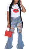 Light Blue Zipper Fly High Hole Boot Cut Pants Bottoms