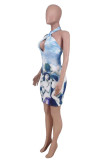 Sky Blue Fashion Sexy Print Backless Halter Sleeveless Dress