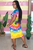 Blue Fashion Casual adult White Blue Green Pink Yellow Multi-color multicolor Cap Sleeve Short Sleeves O neck A-Line Mid-Calf Print Patchwork Ombre bandage Dresses