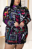 Black Fashion Sexy Plus Size Print Basic Mandarin Collar Printed Dress