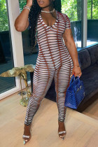 Deep Coffee Fashion Sexy Solid Hollowed Out See-through V Neck Skinny Jumpsuits