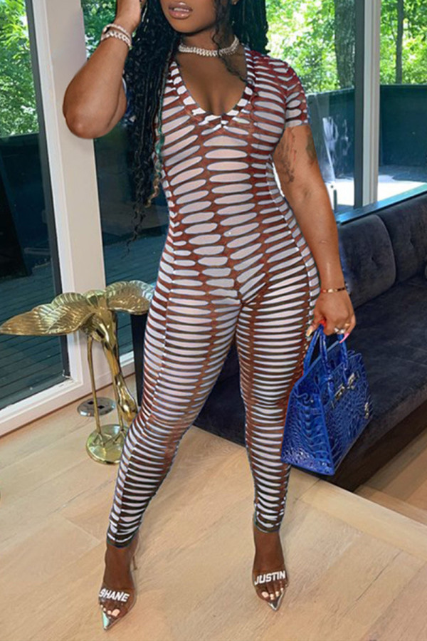 Deep Coffee Fashion Sexy Solid Hollowed Out See-through V Neck Skinny Jumpsuits