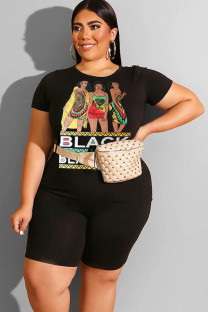 Black Fashion Casual adult Ma'am O Neck Patchwork Print Two Piece Suits Pattern Plus Size