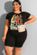 Black Fashion Casual adult Ma'am O Neck Patchwork Print Two Piece Suits Pattern Plus Size