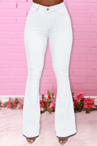 White Fashion Daily Adult Solid Buttons Mid Waist Boot Cut Denim
