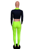 Fluorescent green England Solid Fluorescent Straight Long Sleeve Two Pieces