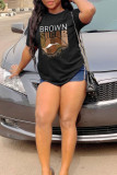 Black Casual Print Patchwork O Neck T-Shirts