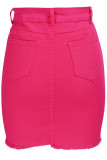 rose red Denim Zipper Fly Button Fly High Asymmetrical Patchwork washing Hole A-line skirt Skirts