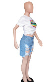 Black White Black Light Blue Denim Zipper Fly Mid Solid Hole pencil Capris Bottoms