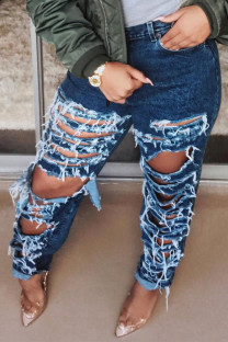 Dark Blue Sexy Solid Ripped High Waist Straight Denim