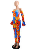 Orange Fashion Sexy Print Bateau Neck Skinny Jumpsuits