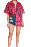 Red Nylon Turndown Collar Short Sleeve Patchwork Print Slim fit Button Tops