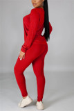 Red Casual Solid Basic O Neck Long Sleeve Two Pieces