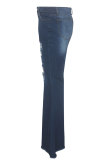 Dark Blue Casual Solid Ripped Mid Waist Boot Cut Denim Jeans