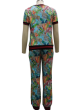 Green Casual Print Patchwork O Neck Short Sleeve Two Pieces