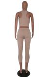 Coffee Fashion Sexy Solid crop top Striped Slim fit Skinny Sleeveless Two-piece Pants Set