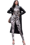 Black Sexy Two Piece Suits Patchwork Striped pencil Long Sleeve