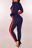 Blue Casual Sportswear Patchwork Basic Hooded Collar Long Sleeve Two Pieces