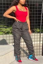 Black Elastic Fly Sleeveless Mid Patchwork Draped Solid Straight Pants