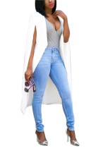 White Notched Solid None Long Blazer & Suits &Jacket