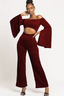 Maroon Sexy Patchwork Solid Ruffled Long Sleeve one word collar Jumpsuits