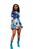 Blue Fashion Casual Cap Sleeve Long Sleeves O neck Step Skirt Mini Geometric Print Casual Dres