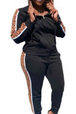 Black Casual England Leopard Patchwork Straight Long Sleeve Two Pieces