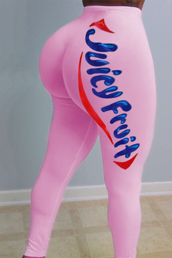 Pink Elastic Fly Mid Print Straight Pants Bottoms