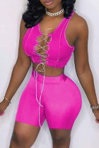 Rose Red Sexy Casual Solid Bandage Hollowed Out V Neck Sleeveless Two Pieces