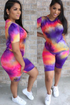 purple Spandex Fashion Casual adult Ma'am O Neck Geometric Tie Dye Two Piece Suits Stitching Plus Size 