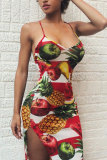 Red Fashion Sexy Spaghetti Strap Sleeveless Slip Asymmetrical Knee-Length Print Club Dresses