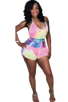 Pink Sexy Fashion bandage Print Backless Patchwork Sleeveless O Neck Rompers