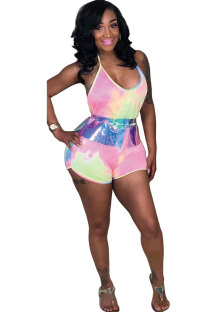 Pink Sexy Fashion bandage Print Backless Patchwork Sleeveless O Neck Rompers