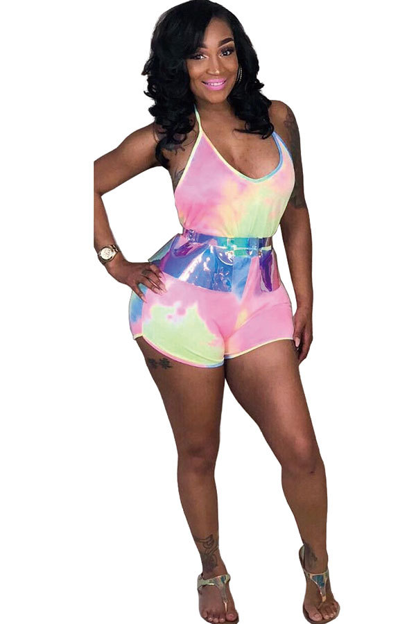 Pink Sexy Fashion bandage Print Backless Patchwork Sleeveless O Neck Rompers