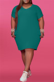 Light Blue Fashion Casual Plus Size Solid Basic V Neck Short Sleeve Dress