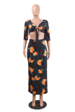 Black Sexy Print Patchwork V Neck Long Sleeve Two Pieces