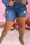 Deep Blue Casual Patchwork Ripped Skinny Mid Waist Pencil Patchwork Plus Size Denim Shorts