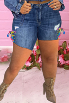 Deep Blue Casual Patchwork Ripped Skinny Mid Waist Pencil Patchwork Plus Size Denim Shorts