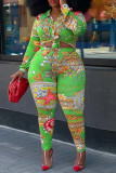 Green Fashion Casual Print Cardigan Turndown Collar Plus Size Two Pieces