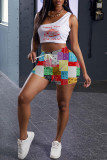Pink Fashion Casual Print Basic One Shoulder Sleeveless Two Pieces