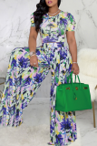 Multicolor Casual Print Patchwork O Neck Short Sleeve Two Pieces