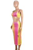 Yellow Sexy Fashion Tank Sleeveless O neck Step Skirt Mid-Calf hollow out Print Fluorescent hole backless