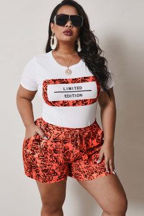 Orange Fashion Casual adult Ma'am O Neck Patchwork Print Two Piece Suits Stitching Plus Size