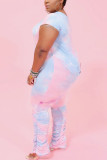 Blue Fashion Casual adult Ma'am O Neck Tie Dye Two Piece Suits Plus Size