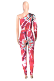 Royal Blue Sexy Patchwork Tie-dye One Shoulder Long Sleeve Two Pieces