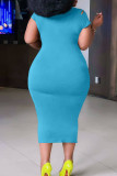 Light Blue Casual Ripped Patchwork O Neck Straight Plus Size Dresses
